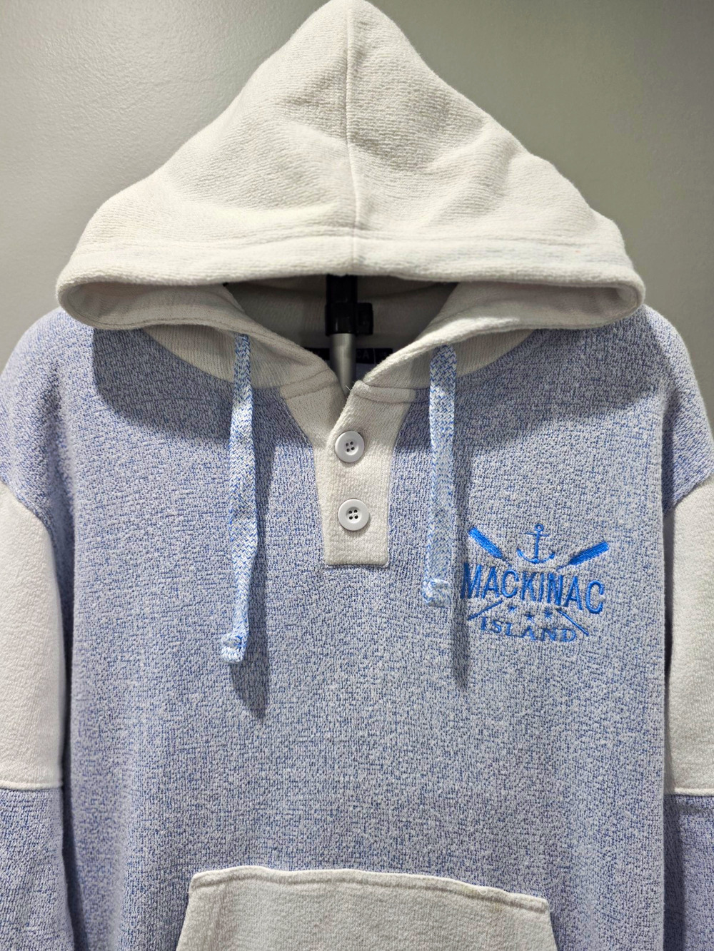 Basix of America Men’s Fleece Pullover Hoodie Blue/White Colorblock Pockets L